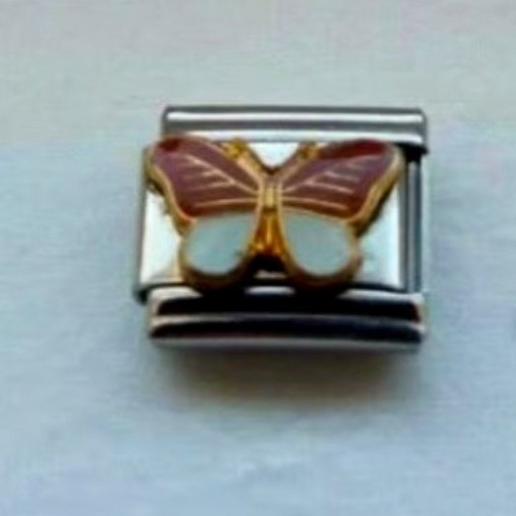 Brown And White Enamel Butterfly 9mm Stainless Steel Italian Charm Bracelet Link